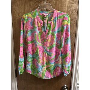 Lilly Pulitzer Elsa Silk Top So A Peeling XXS Pink Colorful Elephant Lion **READ
